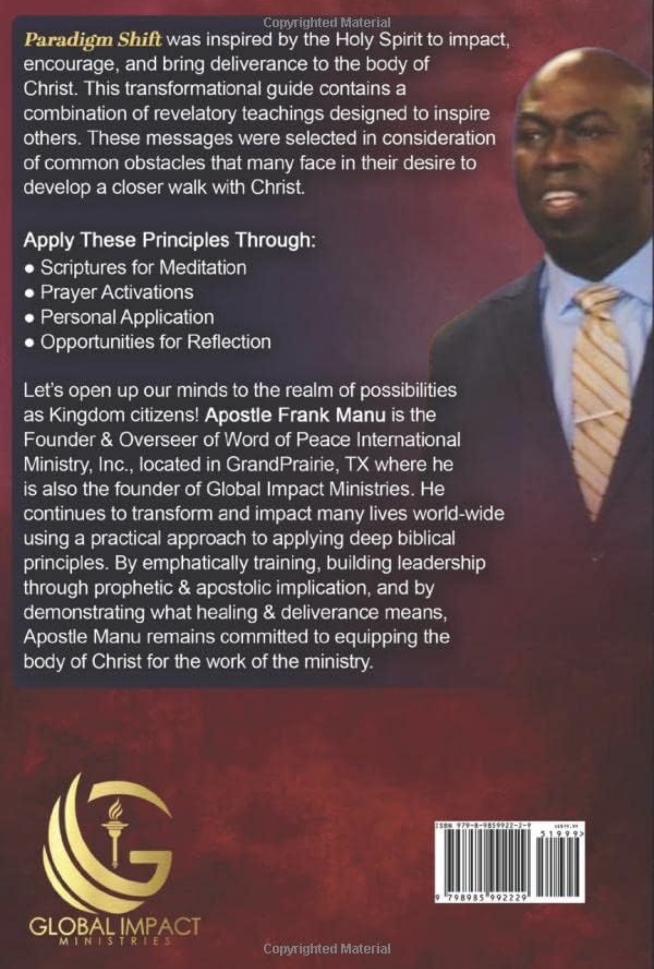 Back cover of Paradigm Shift describing the book and Apostle Frank Manu