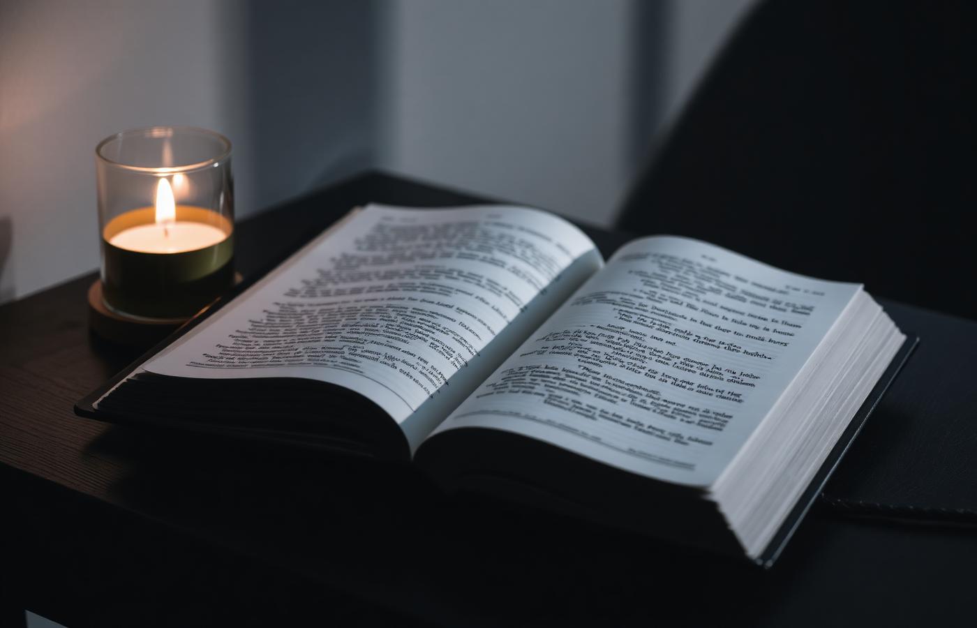 An open Bible beside a lit candle