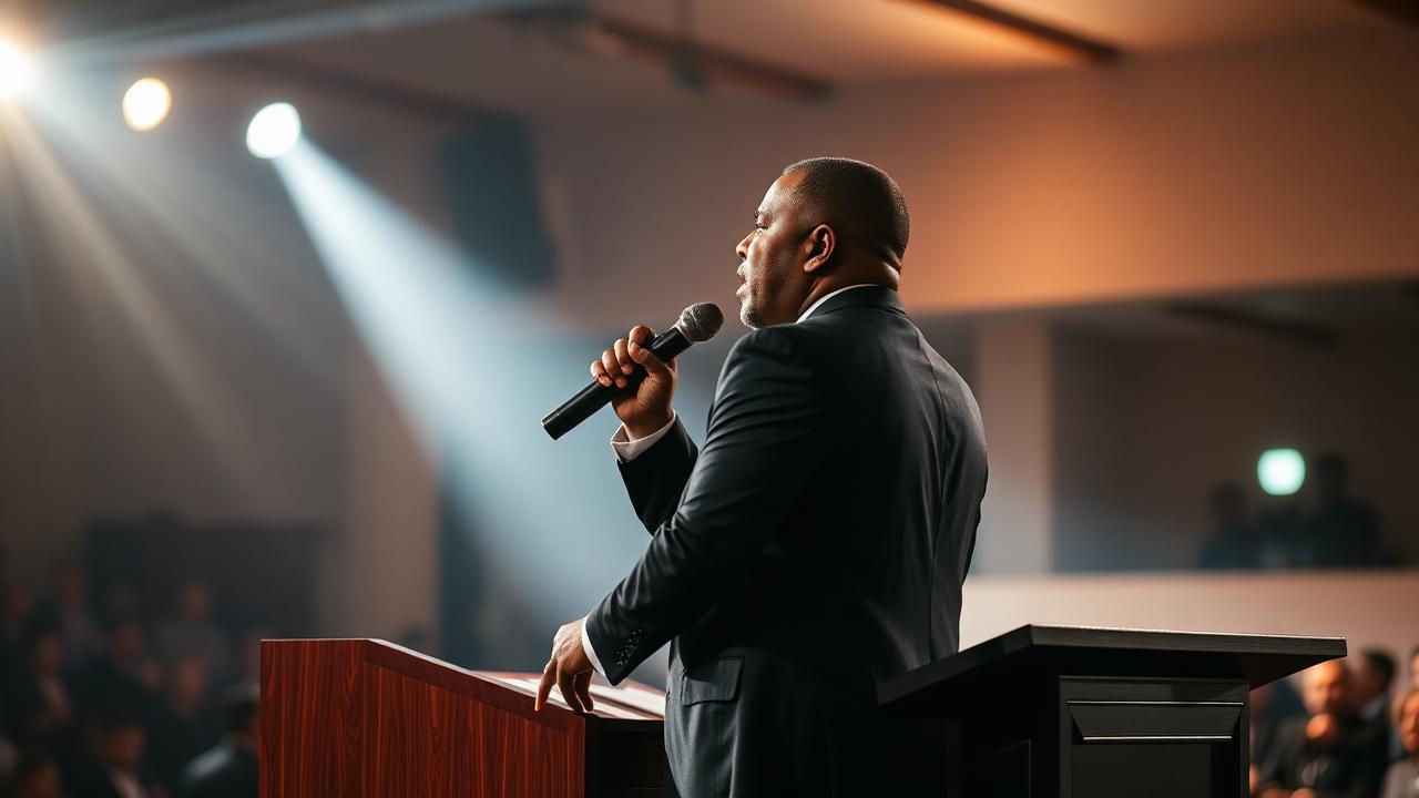 Senior Apostle Frank Manu preaching during a Sunday worship service