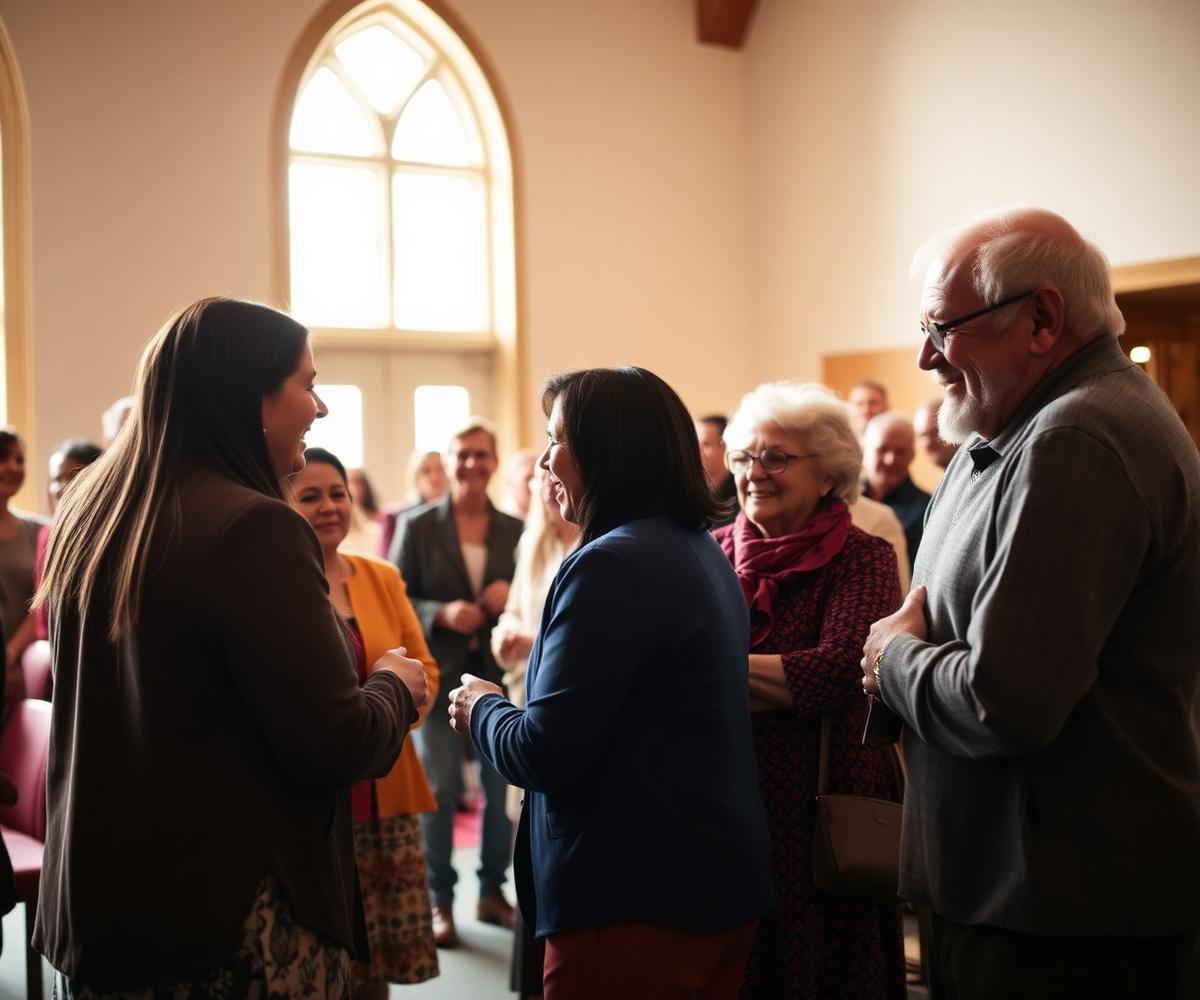 Word of Peace members greeting one another after a service